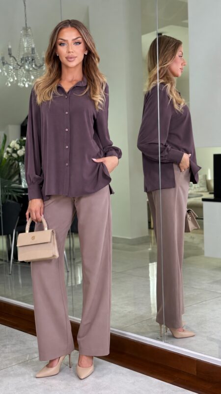 Bluzka koszulowa Plum Classy — śliwkowa, widok z przodu i z boku